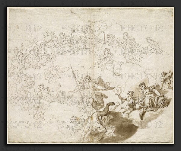 Livio Retti (Italian, 1692-93 - 1751), The Triumph of Virtue and Divine Wisdom, 1736, pen and brown ink with brown wash over graphite on laid paper