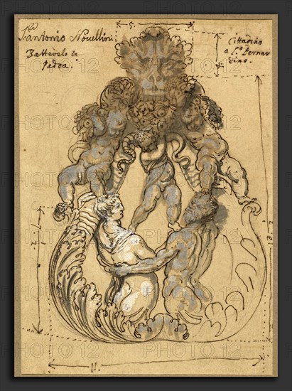 Italian 17th or 18th Century, Doorknocker with Triton, Nereid, and Putti, late 17th or early 18th century, pen and brown ink with blue, gray, and white gouache