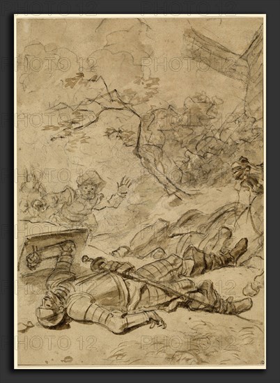 Jean-Honoré Fragonard, Don Quixote Defeated by the Windmill, French, 1732 - 1806, 1780s, brush with brown and gray washes over charcoal on laid paper