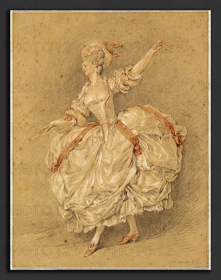 Jean-Michel Moreau, A Dancer, French, 1741 - 1814, 1777, black, red, and white chalk on brown laid paper, with a faint border line by the artist in red chalk