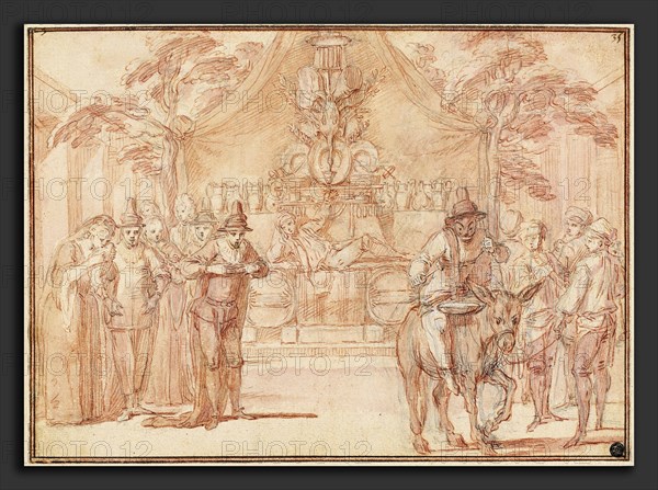 Claude Gillot, Scene from "The Tomb of Master André", French, 1673 - 1722, c. 1705-1708, red chalk with light mauve, sanguine, and brown wash with pen and black ink, corrected with white gouache, over graphite on laid paper