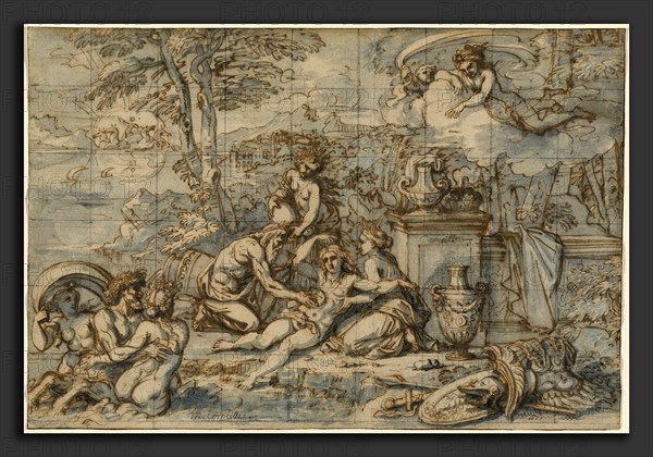 Michel Corneille, The Purification of Aeneas, French, 1642 - 1708, c. 1663, pen and brown ink with blue wash over traces of graphite, on cream laid paper, squared in graphite for transfer, with later framing line in brown ink