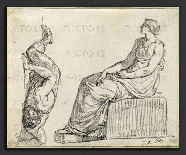 Jacques-Louis David, Seated Woman and Man Sprawling on the Ground, French, 1748 - 1825, 1775-80, black chalk on laid paper