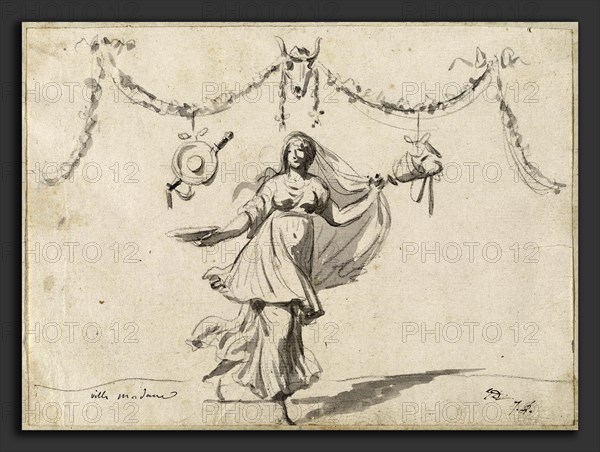 Jacques-Louis David, Ornament with a Woman in Ancient Dress, French, 1748 - 1825, 1775-80, graphite and gray wash on laid paper