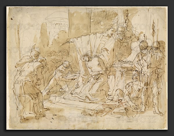 Giovanni Battista Tiepolo (Italian, 1696 - 1770), The Sacrifice of Iphigenia - Study of a Male Nude, c. 1726, pen and brown ink with brown wash over black chalk and touches of red chalk on laid paper
