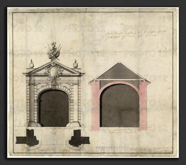 Balthasar Neumann (German, 1687 - 1753), Design for a City Gate in Trier, 1746, pen and gray ink with gray and pink wash over graphite on laid paper