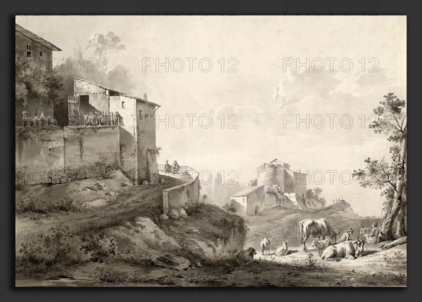 Jean-Jacques de Boissieu, A Sunlit Landscape with Hilltop Houses, French, 1736 - 1810, c. 1782, brush and black ink with gray and gray-brown washes over graphite on laid paper