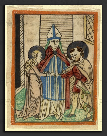 German 15th Century, The Marriage of the Virgin, 1480-1490, woodcut, hand-colored in red lake, rose, blue, green, yellow, black, gold, and orange