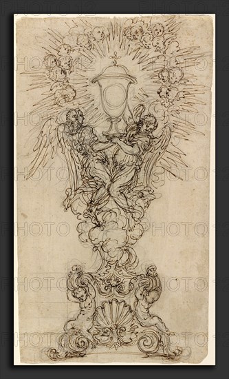 Giovanni Battista Foggini (Italian, 1652 - 1725), A Monstrance with Two Angels Supporting a Chalice, black chalk and pen and brown ink, partially squared in black chalk, on laid paper