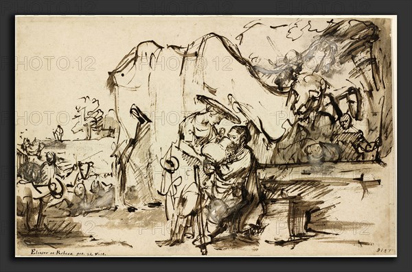 Rembrandt van Rijn (Dutch, 1606 - 1669), Eliezer and Rebecca at the Well, 1640s, reed pen and brown ink with brown wash and white gouache