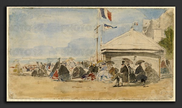 EugÃ¨ne Boudin, Beach House with Flags at Trouville, French, 1824 - 1898, c. 1865, watercolor over graphite
