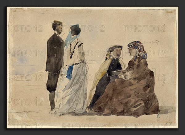 EugÃ¨ne Boudin, Two Ladies Seated and a Couple Walking on the Beach, French, 1824 - 1898, c. 1866, watercolor over graphite on wove paper