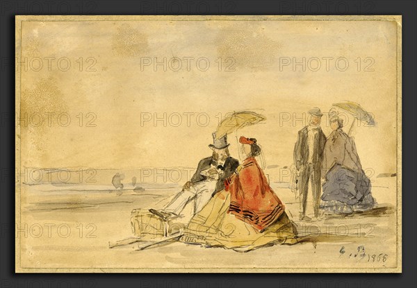 EugÃ¨ne Boudin, A Couple Seated and a Couple Walking on the Beach, French, 1824 - 1898, 1865, watercolor over graphite