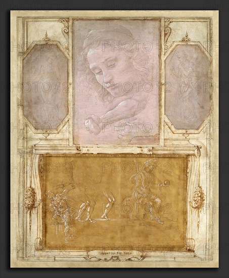 Giorgio Vasari with drawings by Filippino Lippi, Botticelli, and Raffaellino del Garbo (Italian, 1466 - 1524), Page from "Libro de' Disegni", Sheets probably 1480-1504; mounting & framework by Vasari after 1524., drawings with decoration in pen and brown ink, brown and gray wash, on light buff paper