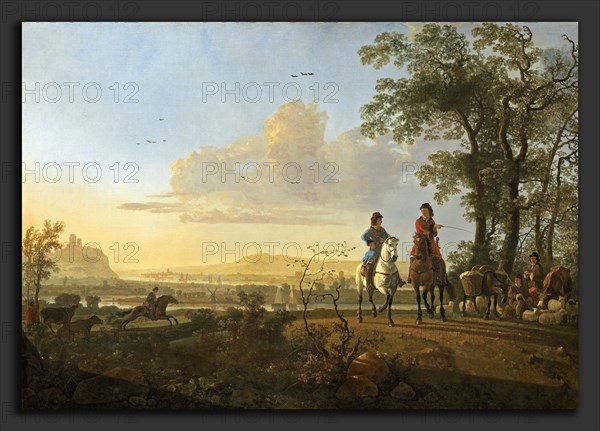 Aelbert Cuyp (Dutch, 1620 - 1691), Horsemen and Herdsmen with Cattle, 1655-1660, oil on canvas