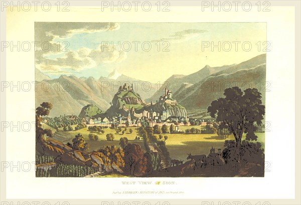 Picturesque Tour from Geneva to Milan, by way of the Simplon, west view of Sion, 19th century