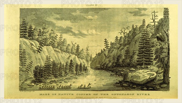 On the Ontonagon river, engraving 1821, Narrative Journal of Travels, through the North Western regions of the United States, extending from Detroit through the great chain of American Lakes, to the sources of the Mississippi Rivers, US, America