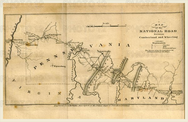 Map of the road between Cumberland and Wheeling, A Geographical Description of the United States with the contiguous British and Spanish Possessions, intended as an accompaniment to Melish's map of these countries, 19th century engraving, US, America