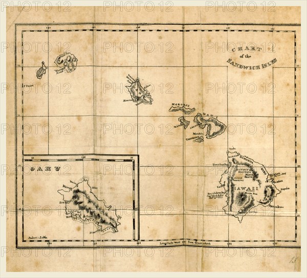 Map of the Sandwich Islands, in the years 1825, 19th century engraving