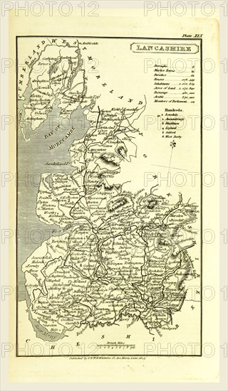 Lancashire map 1824, A Topographical Dictionary of the United Kingdom, UK, 19th century engraving