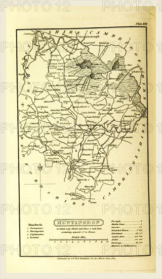 Huntingdon map, A Topographical Dictionary of the United Kingdom, UK, 19th century engraving