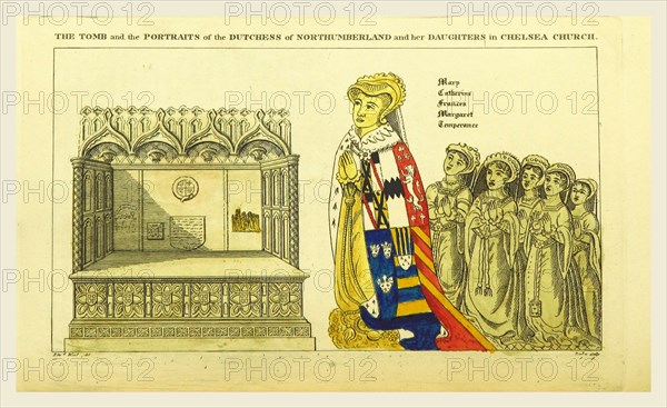 The tomb and portraits of the Dutchess of Northumberland and her daughters in Chelsea Church, An historical and topographical description of Chelsea and its environs, interspersed with biographical anecdotes of  eminent persons who have resided in Chelsea, 19th century engraving, UK