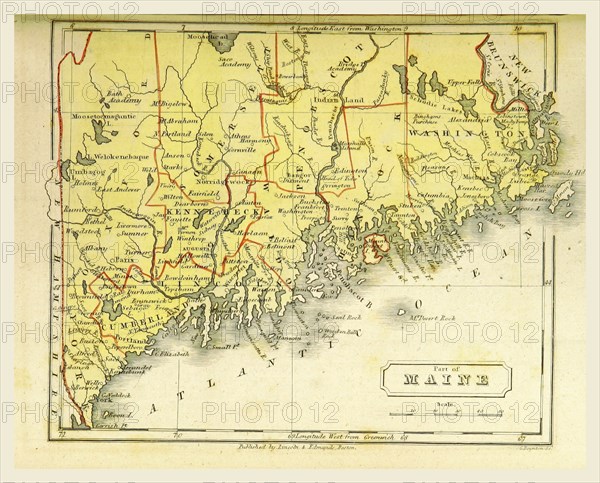 Part of Maine, US, The Boston School Atlas, 19th century engraving