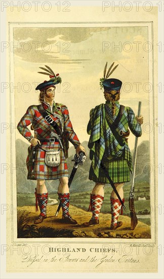 highland Chiefs dressed in the Stewart and the Gordon Tartans, The Scottish Gael or Celtic Manners, as preserved among the Highlanders, Scotland, 19th century engraving