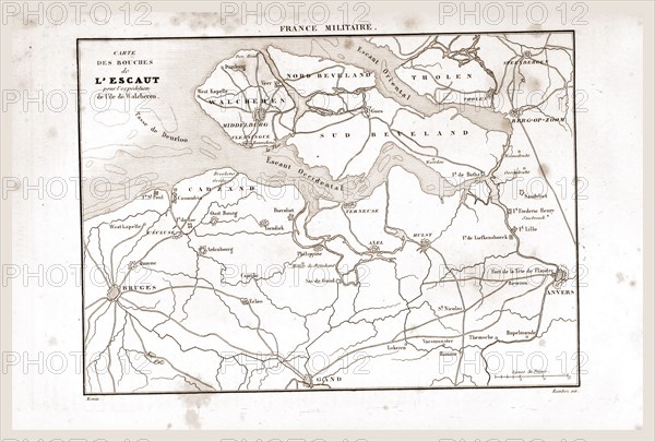 Map of river Scheldt, De Schelde, L'Escaut, The Netherlands