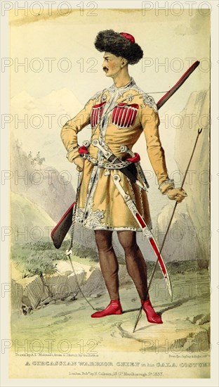 Circassian warrior, Travels in Circassia, Krim Tartary, &c, including a steam voyage down the Danube from Vienna to Constantinople and round the Black Sea in 1836, 19th century engraving