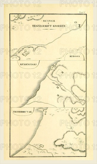 Ruins Tessermiut Fjord Greenland historical, 19th century engraving