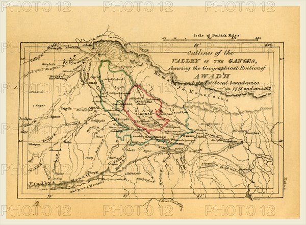 Map valley of the Ganges India, Outline of the Topography and Statistics of the Southern Districts of Oud'h, and of the cantonment of Sultanpur-Oud'h, 19th century engraving