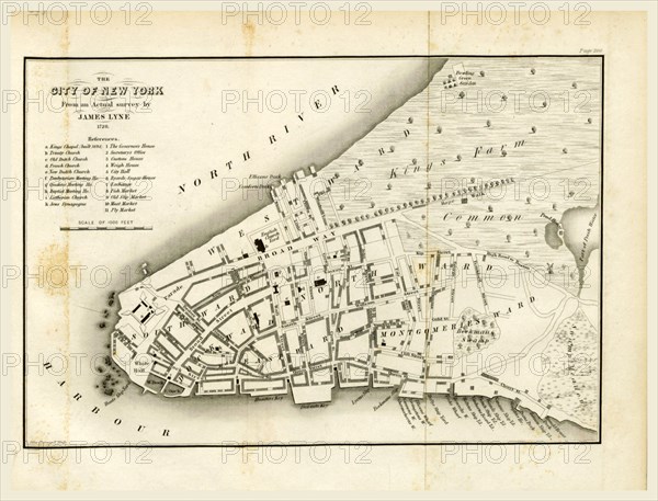 Map of New York, 1728, History of the New Netherlands, Province of New York, and State of New York, to the adoption of the Federal Constitution, 19th century engraving