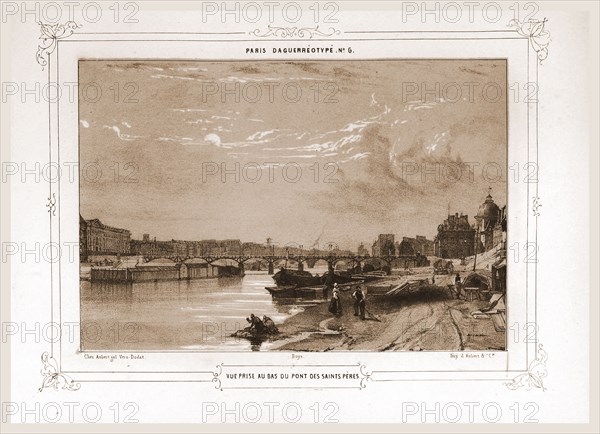 View from Pont des Saints Peres, Paris and surroundings, daguerreotype, M. C. Philipon, 19th century engraving