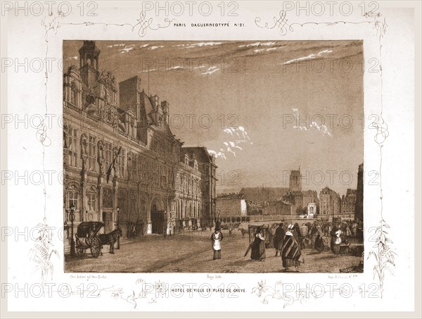 Hotel de Ville and Place de Greve, Paris and surroundings, daguerreotype, M. C. Philipon, 19th century engraving