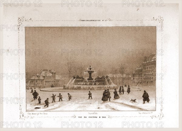 Vue de Chateau D'Eau, Paris and surroundings, daguerreotype, M. C. Philipon,19th century engraving