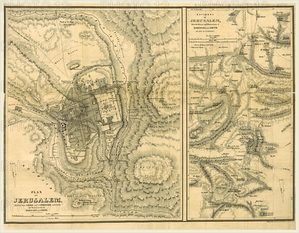 Map of Jerusalem, Biblical Researches in Palestine, Mount Sinai, and Arabia Petra. A journal of travels in the year 1838, by E. Robinson and E. Smith, 19th century engraving