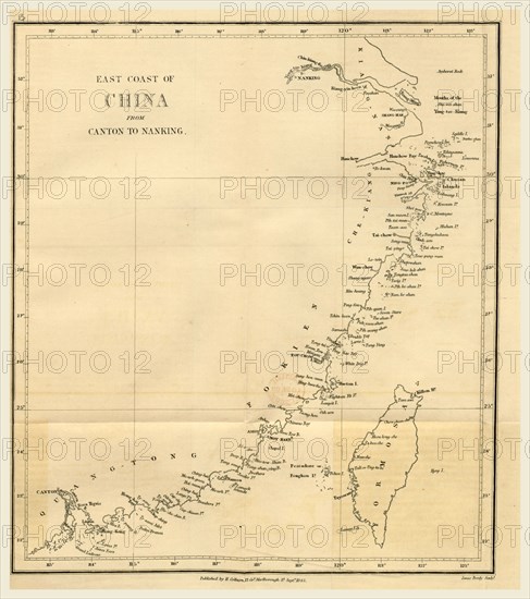 Topographical Map of the East coast of China from Canton to Nanking. Narrative of the Voyages and Services of the Nemesis, from 1840 to 1843, and of the combined naval and military operations in China, 19th century engraving