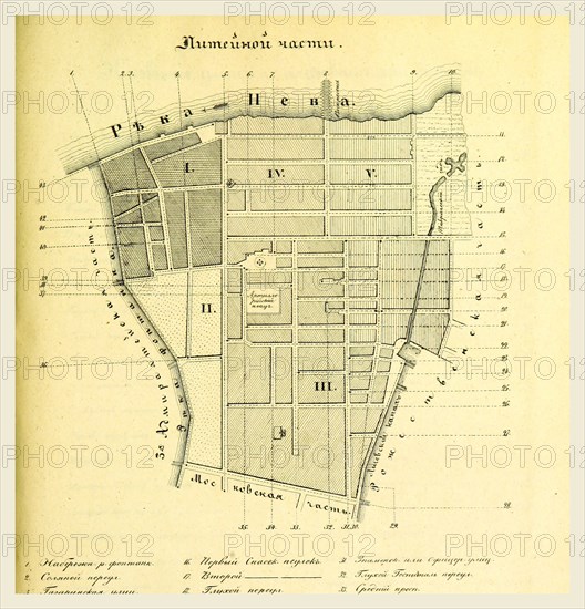 River Neva, map Russia, 19th century engraving