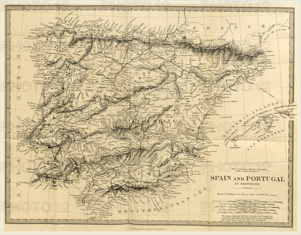 Map Spain and Portugal, The Wars of Succession of Portugal and Spain from 1826 to 1840, 19th century engraving