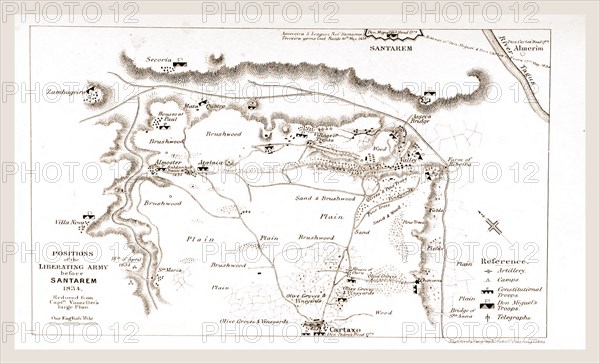 Positions of the liberating army before Santarem in 1834 The Wars of Succession of Portugal and Spain from 1826 to 1840, the political history of Portugal and Spain, 19th century engraving