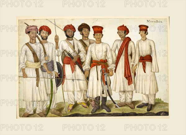 Untitled, Seven Mewatis, recruits for the regiment of Skinner's Horse. Tashrih al-aqvam, an account of origins and occupations of some of the sects, castes, and tribes of India, 1825. A view on Hindu and Muslim occupational groups