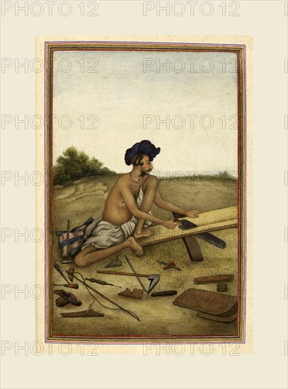 Castes and tribes of India, Khati or Tarkhan, carpenter caste of the Panjab, Man sawing a plank. Tashrih al-aqvam, an account of origins and occupations of some of the sects, castes, and tribes of India, 1825.