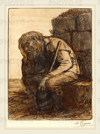 Alphonse Legros, Desperate Man (Le desespere), French, 1837-1911, etching and drypoint retouched with brown and grey ink