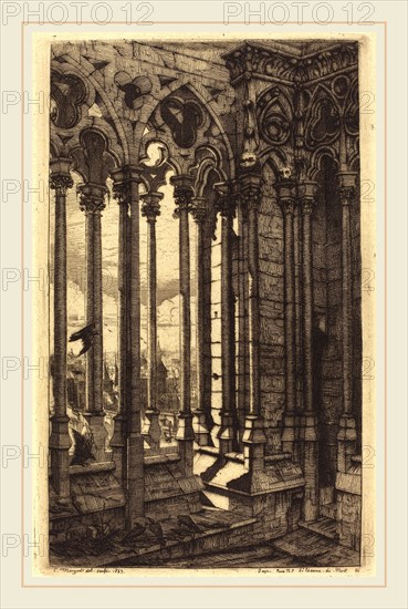 Charles Meryon (French, 1821-1868), La galerie Notre-Dame, Paris (The Gallery of Notre Dame, Paris), 1853, etching on green paper