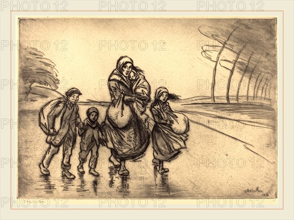 Théophile Alexandre Steinlen, In the Rain: Mother and Children (Sous la pluie: La mere et les enfants), Swiss, 1859-1923, 1915, etching and aquatint