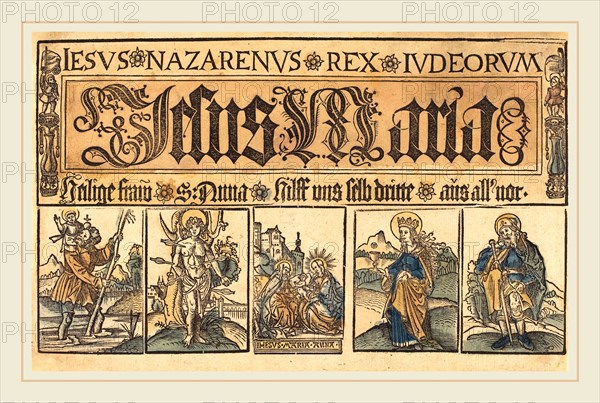 German 15th Century, Saint Anne, The Madonna and Child and Saints Christopher, Sebastian, Clara and Roche, c. 1500-1525, woodcut, hand-colored in blue, yellow, and cinnamon