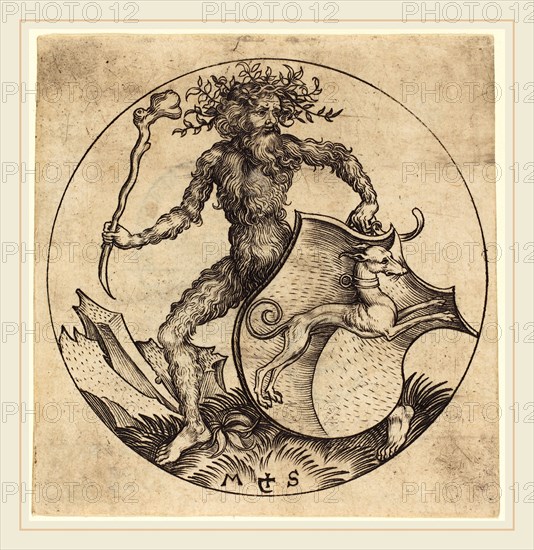 Martin Schongauer (German, c. 1450-1491), Wild Man Holding a Shield with a Greyhound, c. 1480-1490, engraving