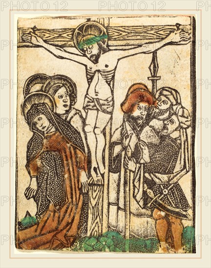 Workshop of Master of the Borders with the Four Fathers of the Church, The Crucifixion, 1460-1480, metalcut, hand-colored in yellow, red-brown lake, and green