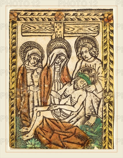 Workshop of Master of the Borders with the Four Fathers of the Church, The Lamentation, 1460-1480, metalcut, hand-colored in yellow, red-brown lake, and green
